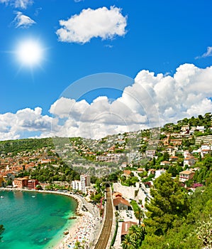 Resort and bay with mediterranean sea and blue sky