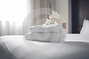 bed welcome bedchamber bath spa comfortable flower modern towel window. Generative AI.