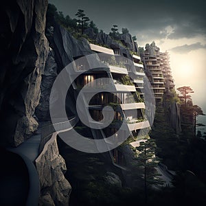 Resort embed into a cliff with organic shape