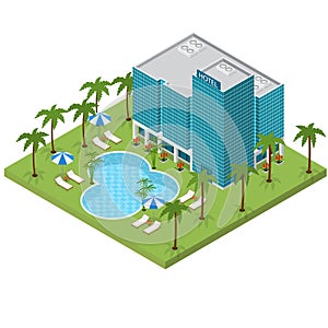 Resort Hotel Building Isometric View. Vector