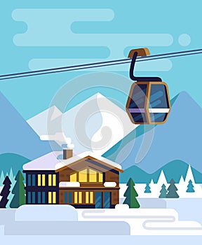 Resort with hotel with a ski lift.