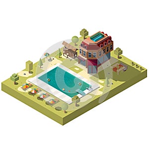 Resort hotel with swimming pool isometric vector