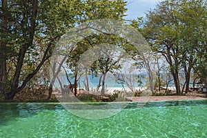 Resort hotel swimming pool with seascape in the background