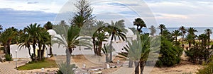 Resort landscape with palm trees and hotels on the Mediterranean coast. Tunisia. Jerba Island. photo