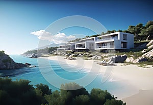 Resort located on a flat beach 50 meters from the sea. The terrain is flat, construction of 2-5-storey