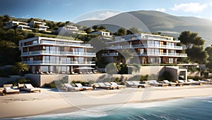 Resort located on a flat beach 50 meters from the sea. The terrain is flat, construction of 2-5-storey