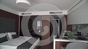 Resort Modern apartment interior showcases open layout with bedroom, kitchen area, elegant furniture, clean lines, warm