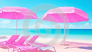 Resort pool with pink beach chairs and pink umbrellas.