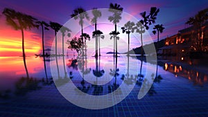 Resort poolside at twilight with palm silhouettes and vibrant sunset