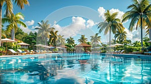 Resort swimming pool surrounded by palm trees and lounge chairs under a clear blue sky