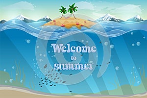 Resort topical island. Invitation card. Underwater coral reef seabed and water surface with tropical isl stock image