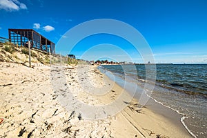 Resort town of Hel in Pomerania, Poland, promenade and beach at