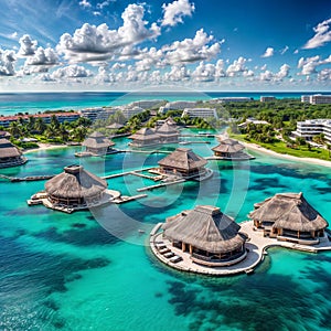 Resort, tropics, blue ocean, houses on the water, pams