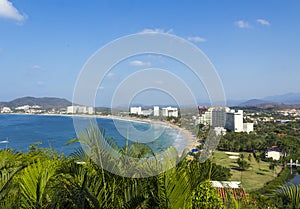 Resorts along the shoreline of Ixtapa Bay in Mexico.