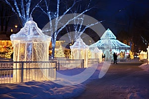 resorts ice sculpture standing under twinkly fairy lights