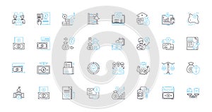 Resource analysis linear icons set. Planning, Evaluation, Resourcefulness, Capacity, Optimization, Efficiency