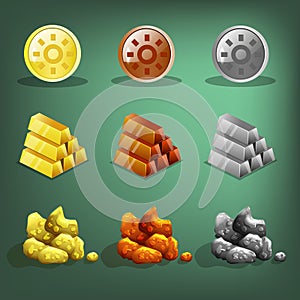 Resource icons for games. Gold, silver and copper.