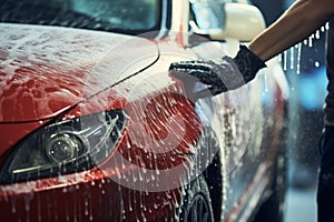 Resourceful Man car sponge self wash. Generate Ai