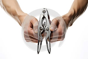 Resourceful Man holding pliers isolated on white. Generate Ai