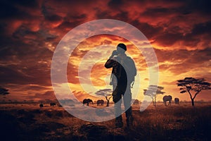 Resourceful Safari man photographer elephants. Generate Ai