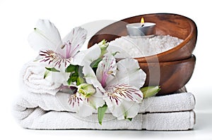 Resources for spa, white towel and flower