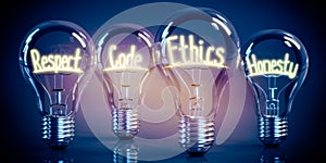 Respect, code, ethics, honesty - shining four light bulbs - 3D illustration