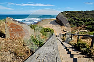 Respect The Ocean Spirit of Surfing sign near a beach in Bells Beach, Victoria, Australia.