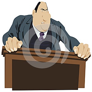 Respectable businessman or politician stands behind podium. Web page design picture concept
