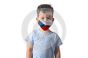 Respirator with flag of Czech Republic. White boy puts on medical face mask isolated on white background