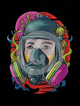 Respirator mask for corona ornament illustrasi vector potrait