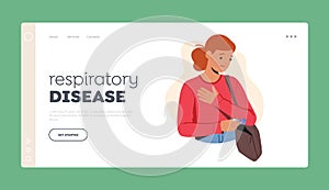 Respiratory Disease Landing Page Template. Female Character with Asthma Attack Taking Inhaler from Bag