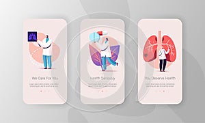 Respiratory Medicine, Pulmonology Healthcare Mobile App Page Onboard Screen Template. Tiny Doctor Characters
