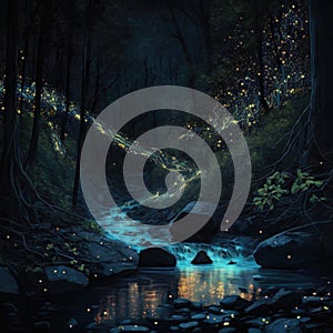 resplendent cascade of glowing fireflies captivating the night, fantasy art, AI generation