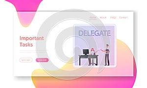 Responsibilities Delegating Landing Page Template. Boss Character Giving Task to Business Employee
