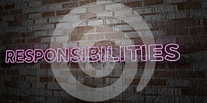 RESPONSIBILITIES - Glowing Neon Sign on stonework wall - 3D rendered royalty free stock illustration