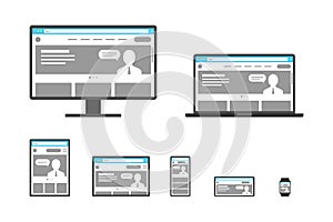 Responsive adaptive web design template set. Website on different devices. Desktop monitor, laptop, tablet, smartphone