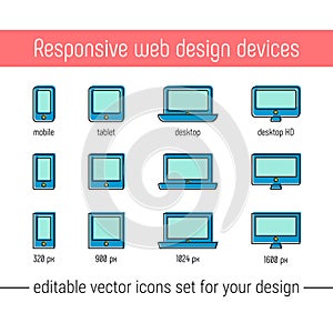 Responsive design icons set vector. Flat responsive design icons in memphis style. Vector responsive design icons set