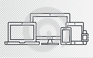 Responsive design for web - computer screen, laptop, smartphone, tablet, smartwatch icons set