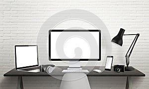 Responsive devices on desk with screen for mockup