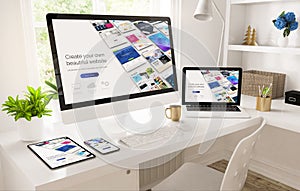 responsive devices on home office setup showing website builder