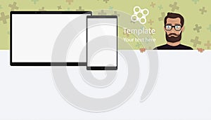 Responsive landing page or one website template. Elements for modern digital tablet PC with mobile smartphone, stylish