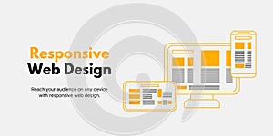 Responsive Web Design Banner on Light Background. Stylish Web Design Banner with Black and Yellow Text and Icons for Business