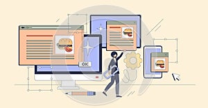 Responsive web design coding for website tiny person neubrutalism concept