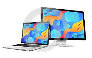 Responsive web design computer display with laptop isolated. Abstract geometric background on devices screen