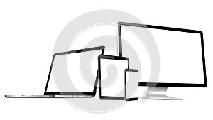 Responsive web design computer display with laptop and tablet pc with mobile phone isolated