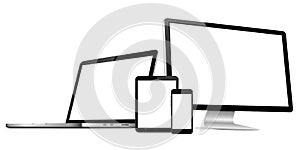 Responsive web design computer display with laptop and tablet pc with mobile phone isolated