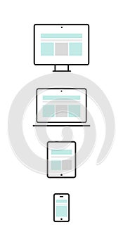 Responsive web design. Device: desktop computer, laptop, tablet and smartphone. Web development, user experience. Vector
