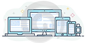 Responsive web design. Landing page is open on different devices: laptop, computer, tablet, smartphone and smart watch