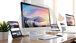 Responsive web design mockup on multiple devices - iMac, MacBook, iPad, and iPhone. photo