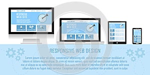 Responsive web site design flat concept in electronic devices: computer, laptop, tablet, mobile phone.